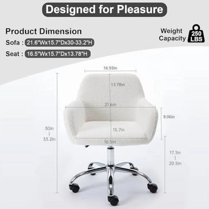 Modern Faux Fur Home Office Chair Height Adjustable, White Desk Chair Vanity Chair for Makeup Room, Rolling Desk Chairs with Wheels, Swivel Furry Cute Desk Chair for Teen Girls Women