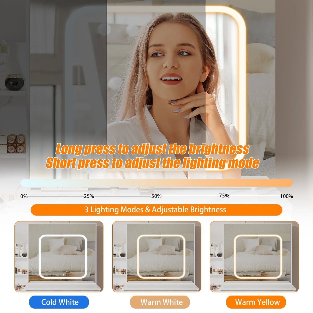 Vanity Desk with Sliding Mirror and Lights, Makeup Vanity Set with 4 Drawers, Stool, Power Outlet, Open Shelves, 3 Color Adjustable Lighting Modes, Makeup Dressing Table for Bedroom, White
