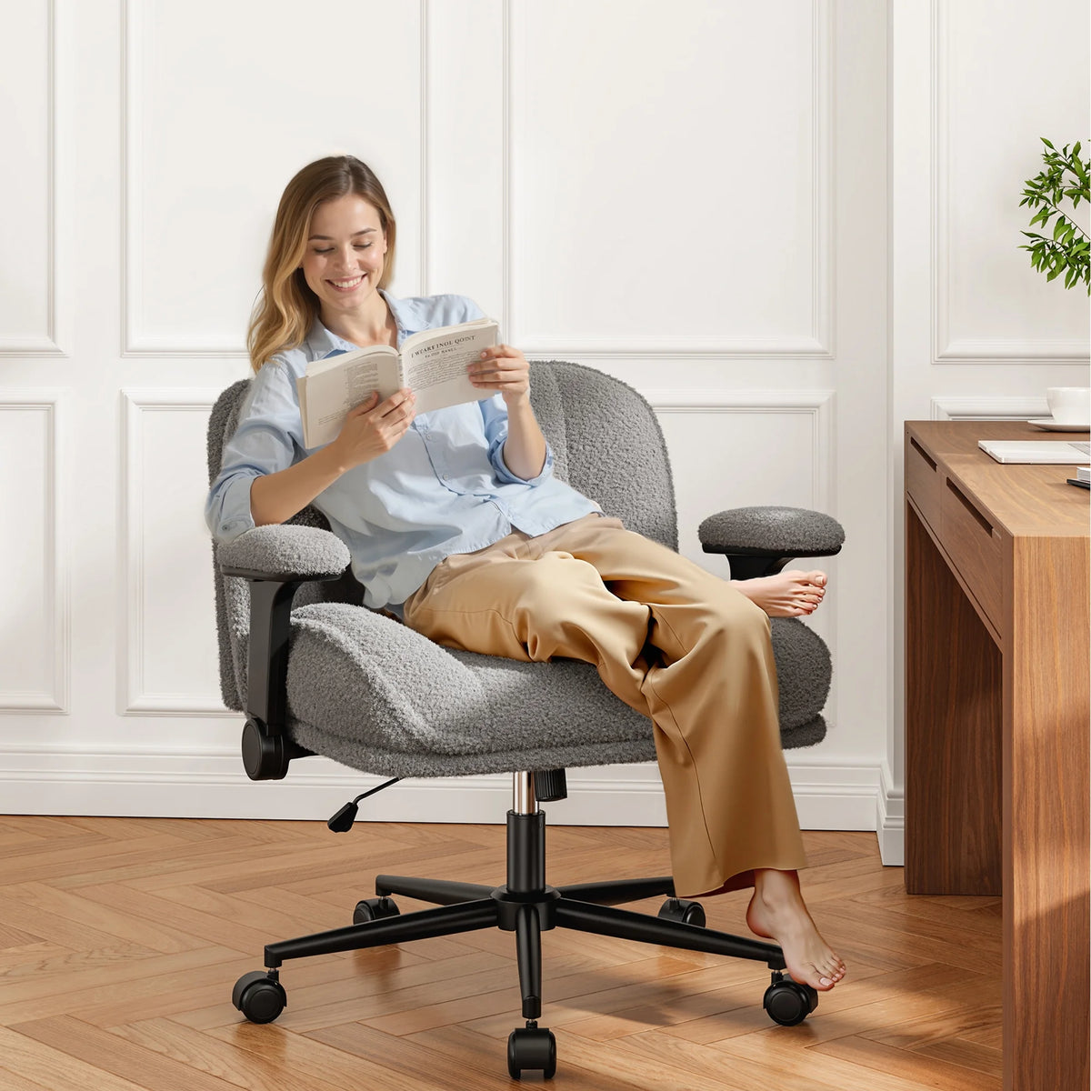 Romorgniz Criss Cross Chair with Adjustable Arms & Lumbar Support Office Chair with Reclining Back, Thick Cushion & Wheels for Office, Gaming, Reading, Vanity, Off-White