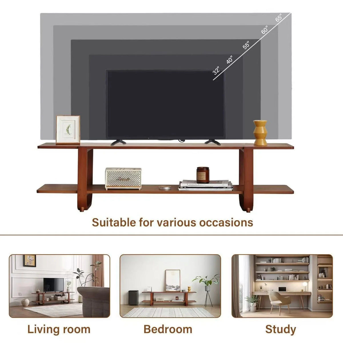 Bamboo TV Stand for Up to 65 Inch, Mid Century Modern Entertainment Center with 2-Tier Open Shelves, Storage Media Console Table for Living Room, Bedroom, Walnut
