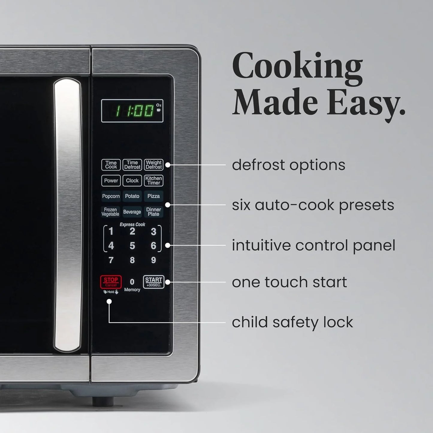 Farberware Stainless Steel Countertop Microwave Oven with Child Lock, 1.1 Cu Ft Black Stainless