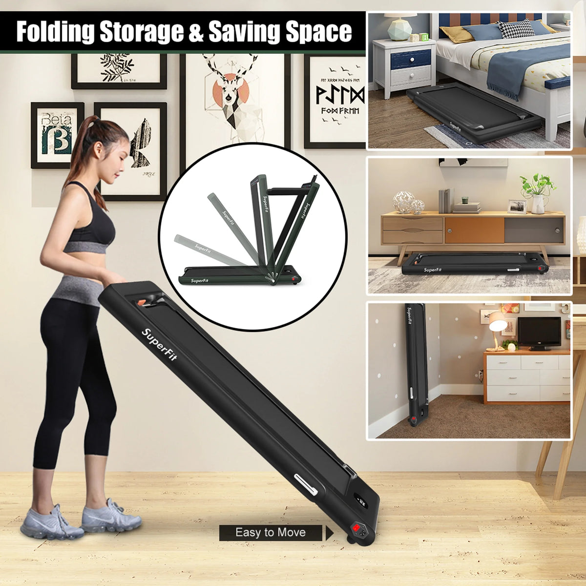 Gymax 2 in 1 Folding Treadmill 2.25HP Running Machine w/ Dual Display APP Control Black