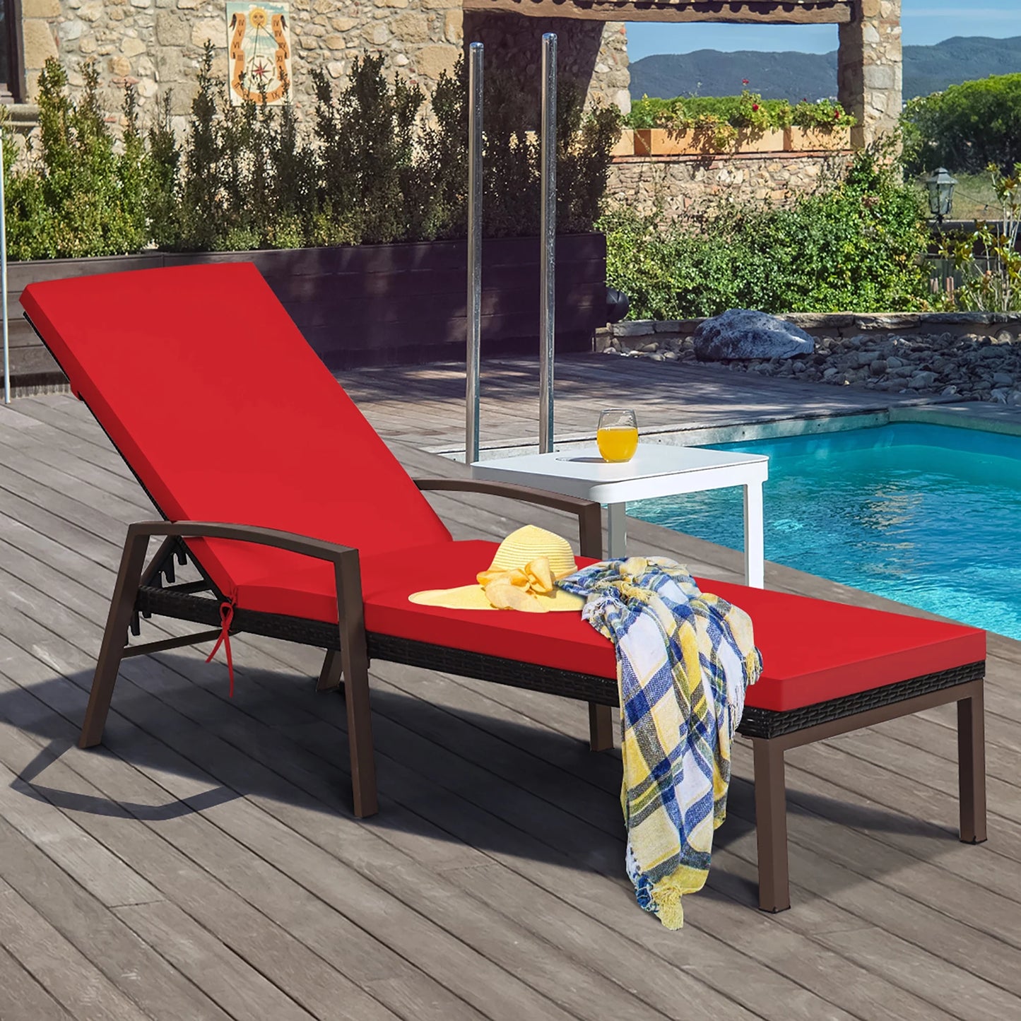 Costway 2PCS Patio Rattan Lounge Chair Chaise Recliner Back Adjustable Cushioned Red