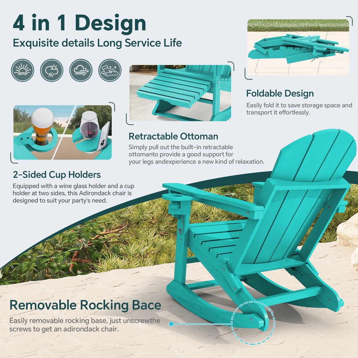 KINGYES Folding Adirondack Rocker Chair Set of 2 W/ Footrest & Dual Cup Holders, HDPE Outdoor Patio Rocking Chair, Black