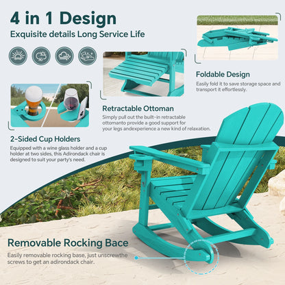 KINGYES Folding Adirondack Rocker Chair Set of 2 W/ Footrest & Dual Cup Holders, HDPE Outdoor Patio Rocking Chair, Black