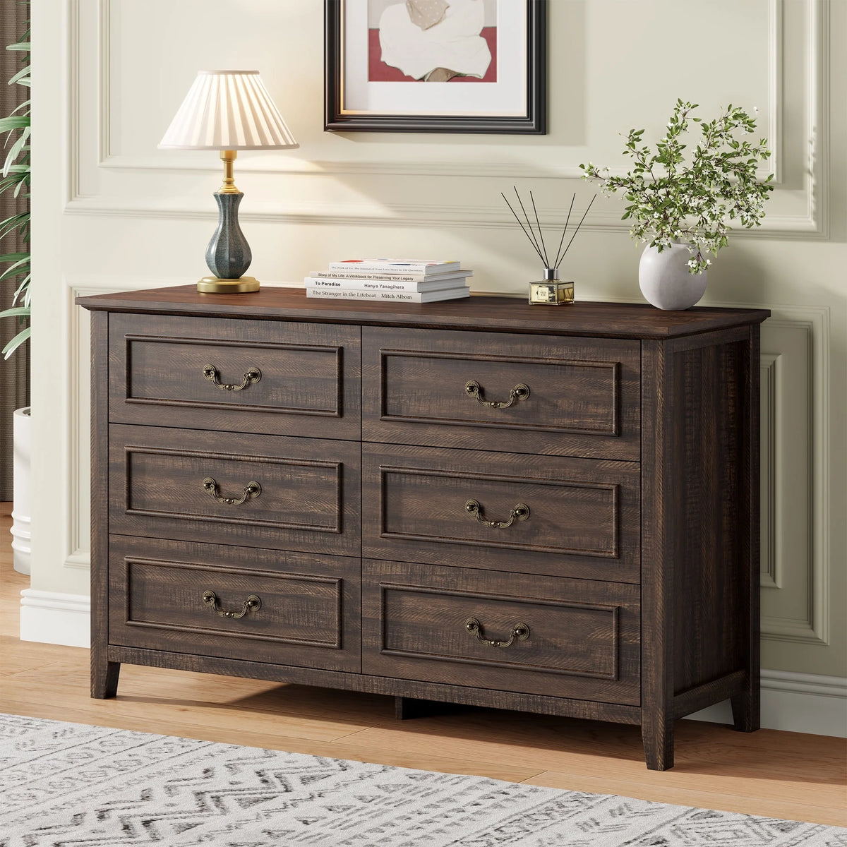 GIKPAL White Dresser for Bedroom, 6 Drawers Wood Dresser with Antique Handles, Farmhouse Rustic Chest of Drawers for Bedroom, Living Room, Entryway & Hallway