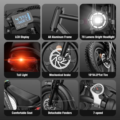 1500W MTB Electric Bicycle 48V 20Ah Removable Battery E-Bike��Electric Bike for Adults 20" Fat Tire Electric Motorcycle, Shimano 7 speed Full Suspension Mountain Bike UL2849