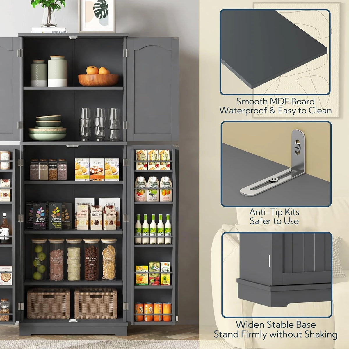 Yusong 64'' Kitchen Storage Cabinet, Tall Kitchen Pantry Storage Cabinet with Doors and Shelves, Food Pantry Cabinet Free Standing Pantry for Kitchen Dining Living Room, Grey