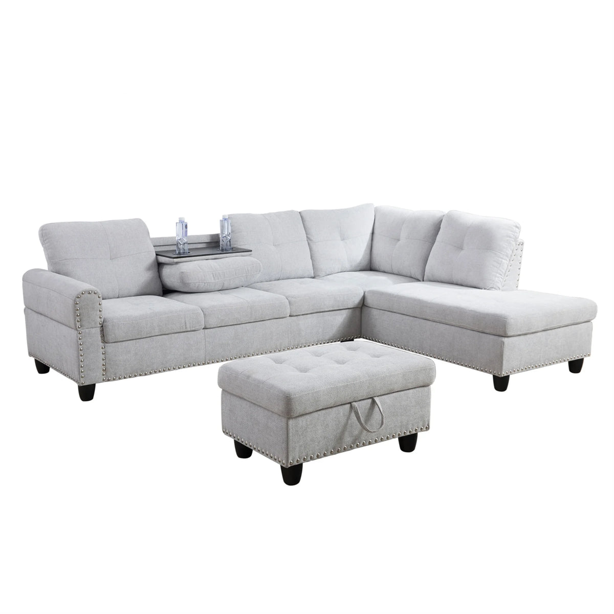 Aukfa 3 Piece Sectional Sofa, Living Room Couch with Storage Ottoman&Cup Holder, Linen, Right Hand, Purple