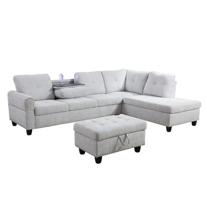 Aukfa 3 Piece Sectional Sofa, Living Room Couch with Storage Ottoman&Cup Holder, Linen, Right Hand, Purple