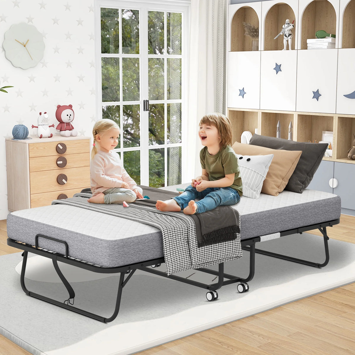 Full Size Folded Bed with Mattress, 75" x 54" Folding Bed, Twin Bed, Rollaway Bed Guest Bed for Adults with Sturdy Frame