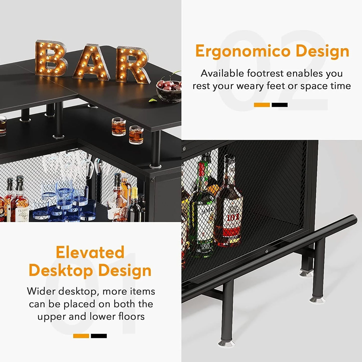 L-shape Home Bar Unit, Liquor Bar Table with 2-Tier Storage - N/A Black