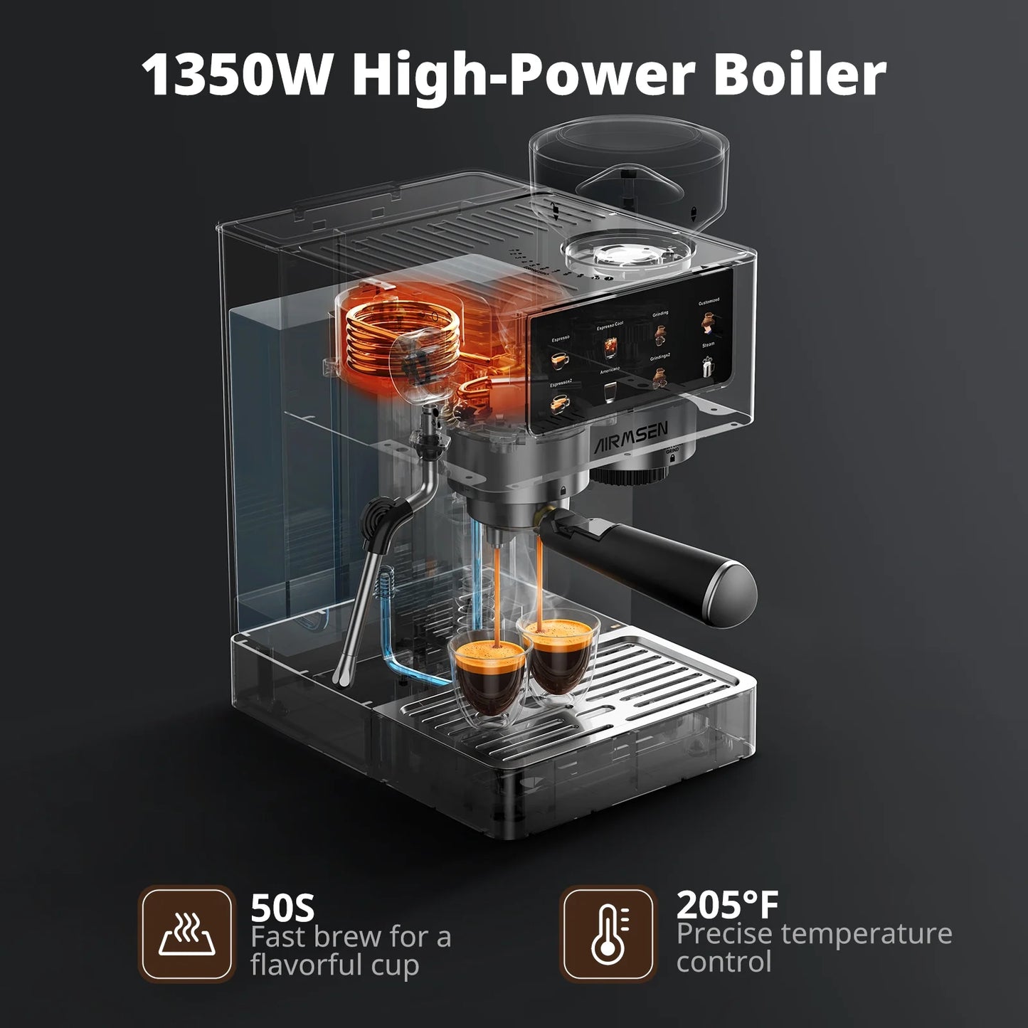 AIRMSEN Espresso Machine with Grinder, Espresso Coffee Machine with Customized Grind Amount & Coffee Volume, Cold Brew Coffee Maker for Cappuccino Latte Americano, Brushed Stainless Steel