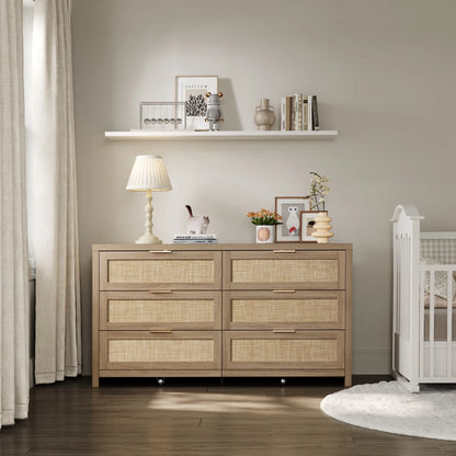 SICOTAS 56.85" 6 Drawer Dresser,Rattan Dresser with Storage,Boho Dressers & Chests of Drawers Wooden Tall  Dresser for Bedroom