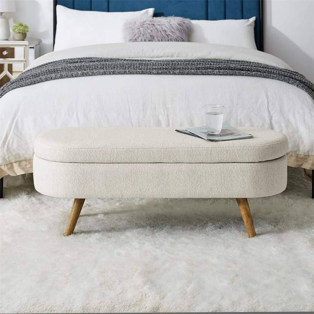 Sumdeal 43.5" Storage Ottoman Bench with 250lb Seating, Linen Upholstered Wood Legs Safety Hinge Flip Top Oval Foot Rest Long Stool for Sofa Couch Bedroom End of Bed Living Room Entryway, White