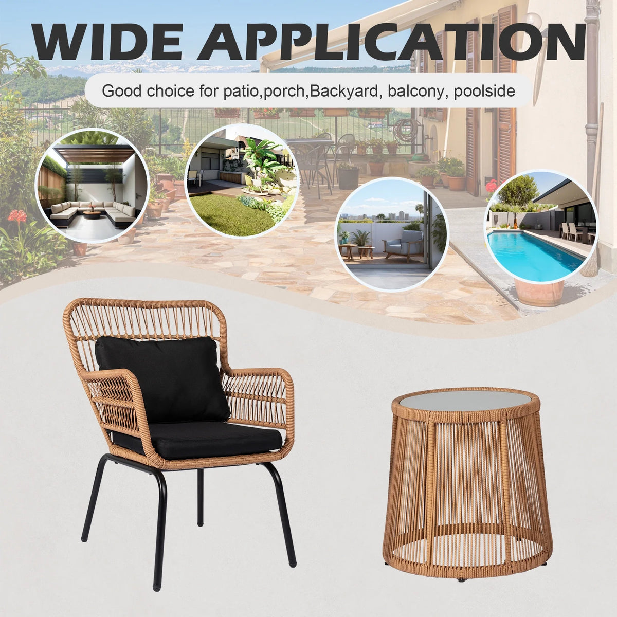 Tappio 3-Piece Patio Conversation Bistro Set Rattan Furniture, Outdoor Patio Set w/Glass Top Table & Cushions for Garden Balcony Backyard Poolside, Yellow/Beige