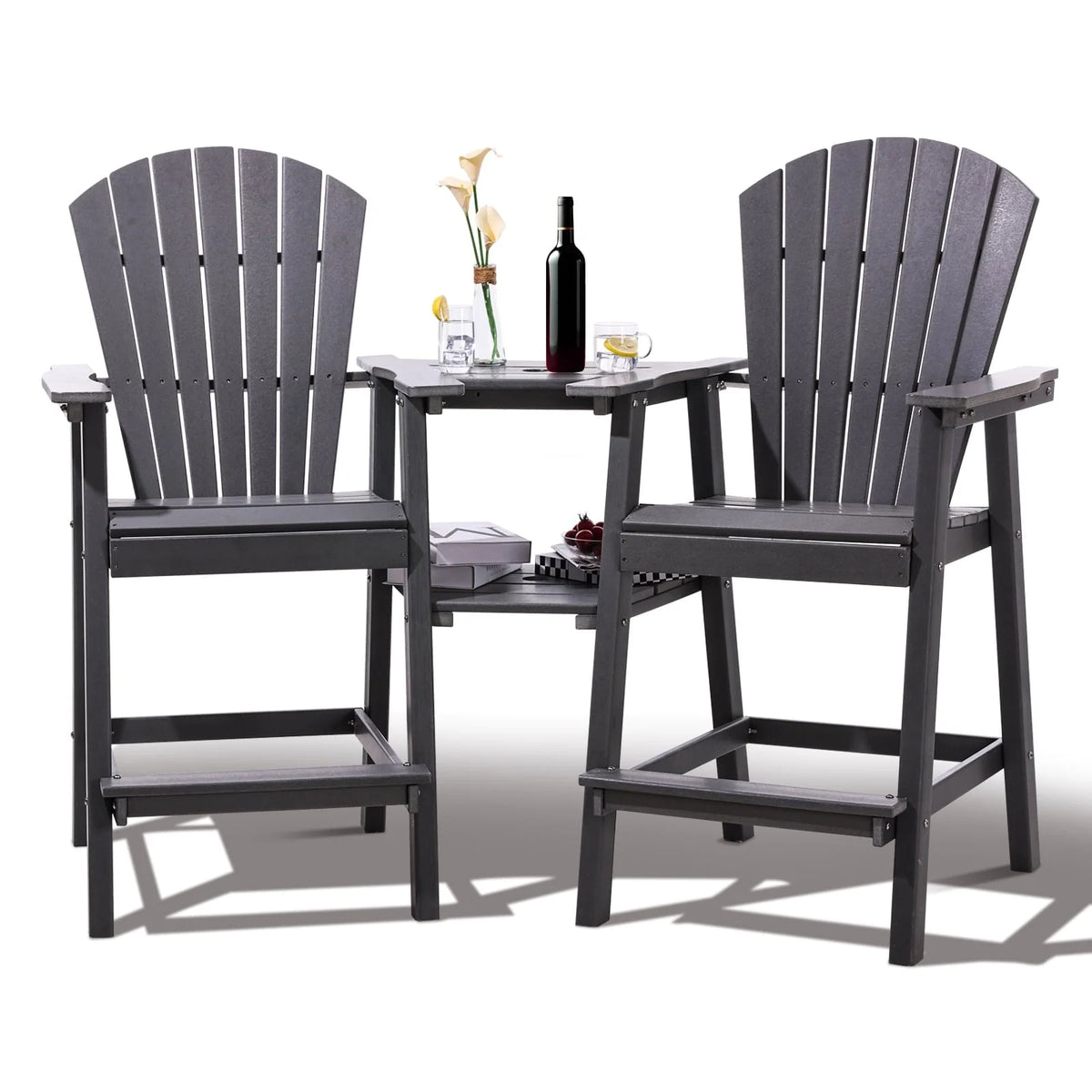 Tall Adirondack Chairs Set of 2，Outdoor Adirondack Barstools with Double Connecting Tray Patio Stools Weather Resistant for Outdoor Deck Lawn Pool Backyard,Grey