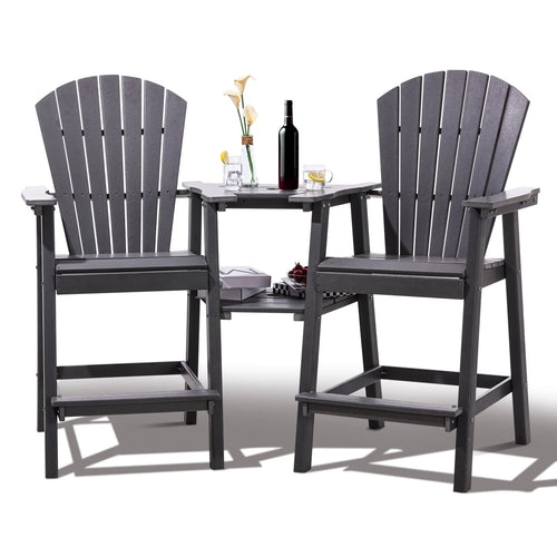 Tall Adirondack Chairs Set of 2，Outdoor Adirondack Barstools with Double Connecting Tray Patio Stools Weather Resistant for Outdoor Deck Lawn Pool Backyard,Grey