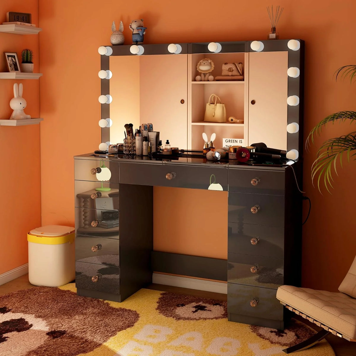 Vanity Desk with Power Outlet, Makeup Vanity with Mirror and 14 LED Light, 3 Lighting Modes,11 Drawer Vanity Table with Sliding Jewelry Storage, Glass Top, Specular Surface