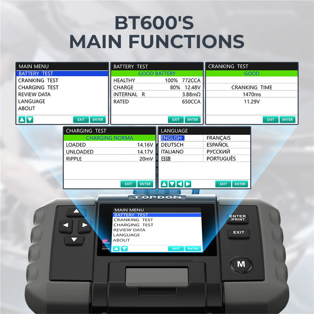 Topdon BT600 - 12V Battery & 12V/24V System Tester w/Built-in Printer