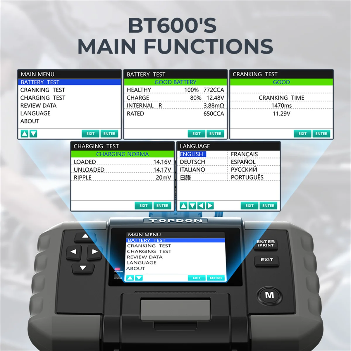 Topdon BT600 - 12V Battery & 12V/24V System Tester w/Built-in Printer