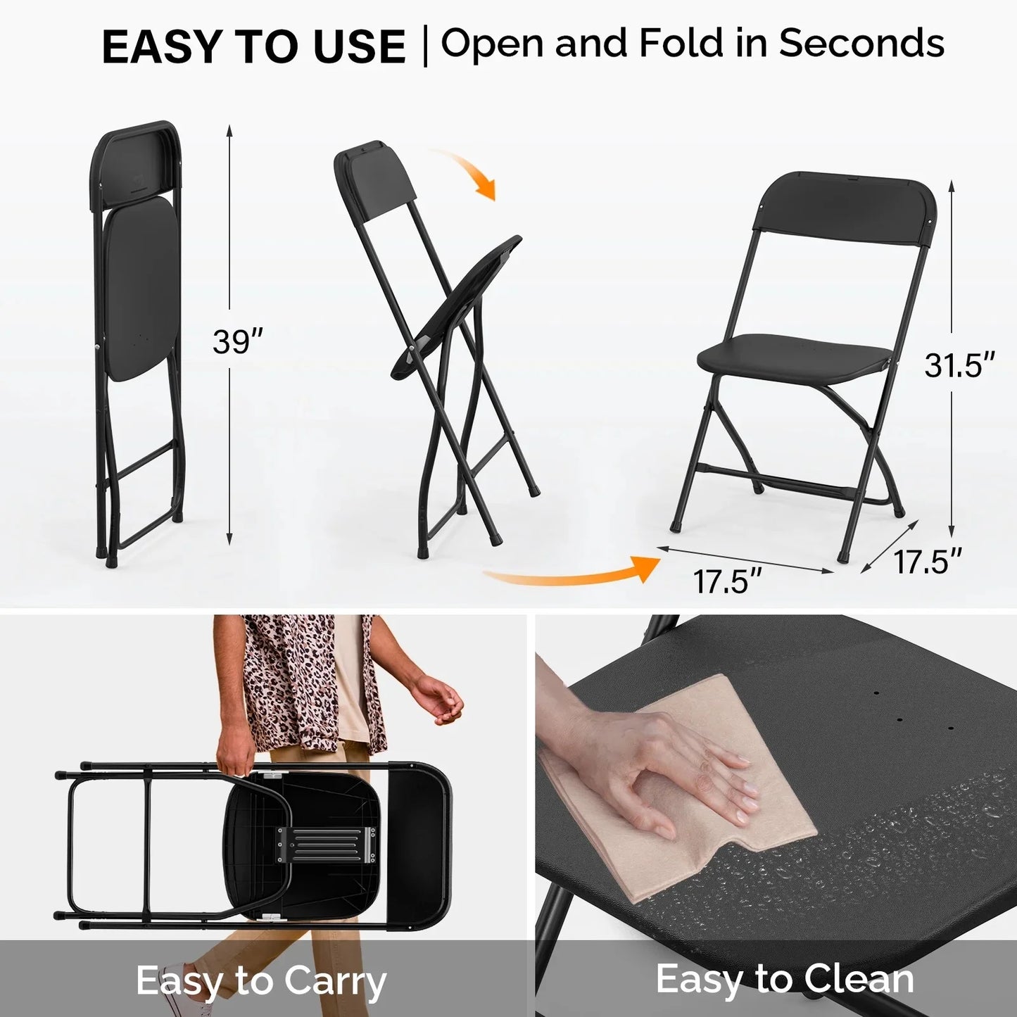 Matladin 20-Pack White Plastic Folding Chair, Outdoor Portable Stackable Commercial Seat with Steel Frame for All Occasions, 350lb Capacity