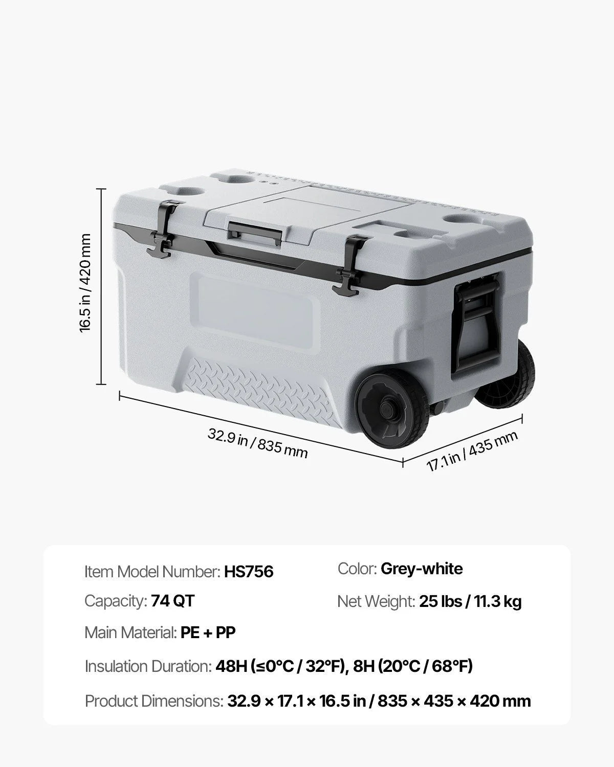 74 QT Wheeled Cooler - 120 Can Capacity Portable Ice Chest with Heavy-Duty Wheels & Cup Holders, Insulated Outdoor Cooler for Camping, Tailgating, Beach & BBQs, Leak-Proof Drain & Extended Cold Reten