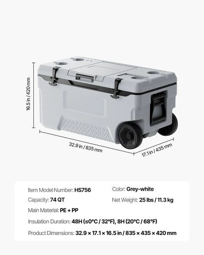 74 QT Wheeled Cooler - 120 Can Capacity Portable Ice Chest with Heavy-Duty Wheels & Cup Holders, Insulated Outdoor Cooler for Camping, Tailgating, Beach & BBQs, Leak-Proof Drain & Extended Cold Reten