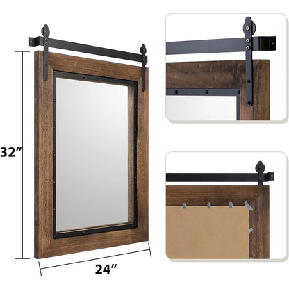 COSMOGO Farmhouse Barn Door Style Natural Wood Bathroom Vanity Wall Mirror 24"x32"