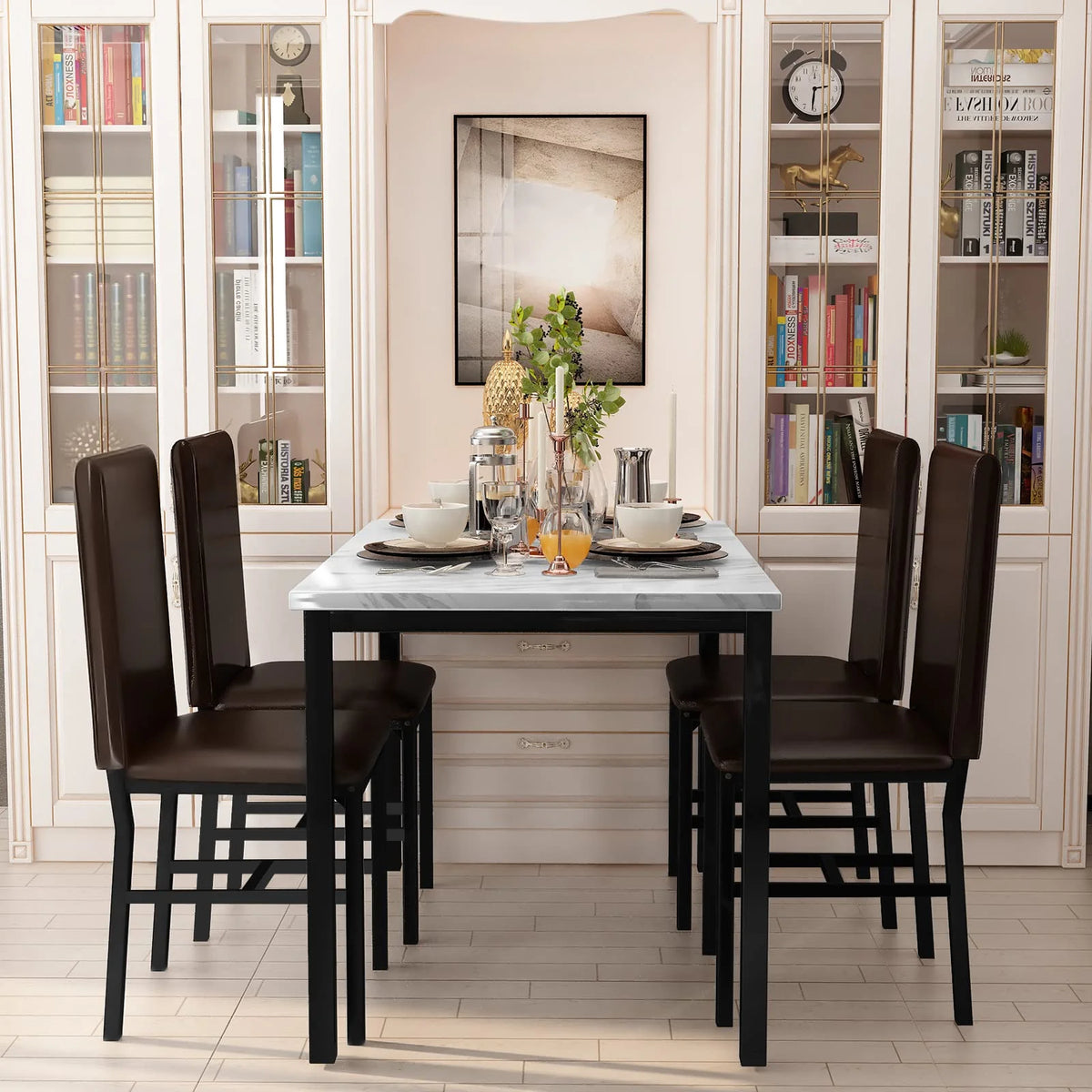 AWQM Dining Table Set of 4, Faux Marble 5 Piece Dining Room Table Set with PU Leather Chairs, Rectangular Kitchen Table Set for Apartment, Dining, White
