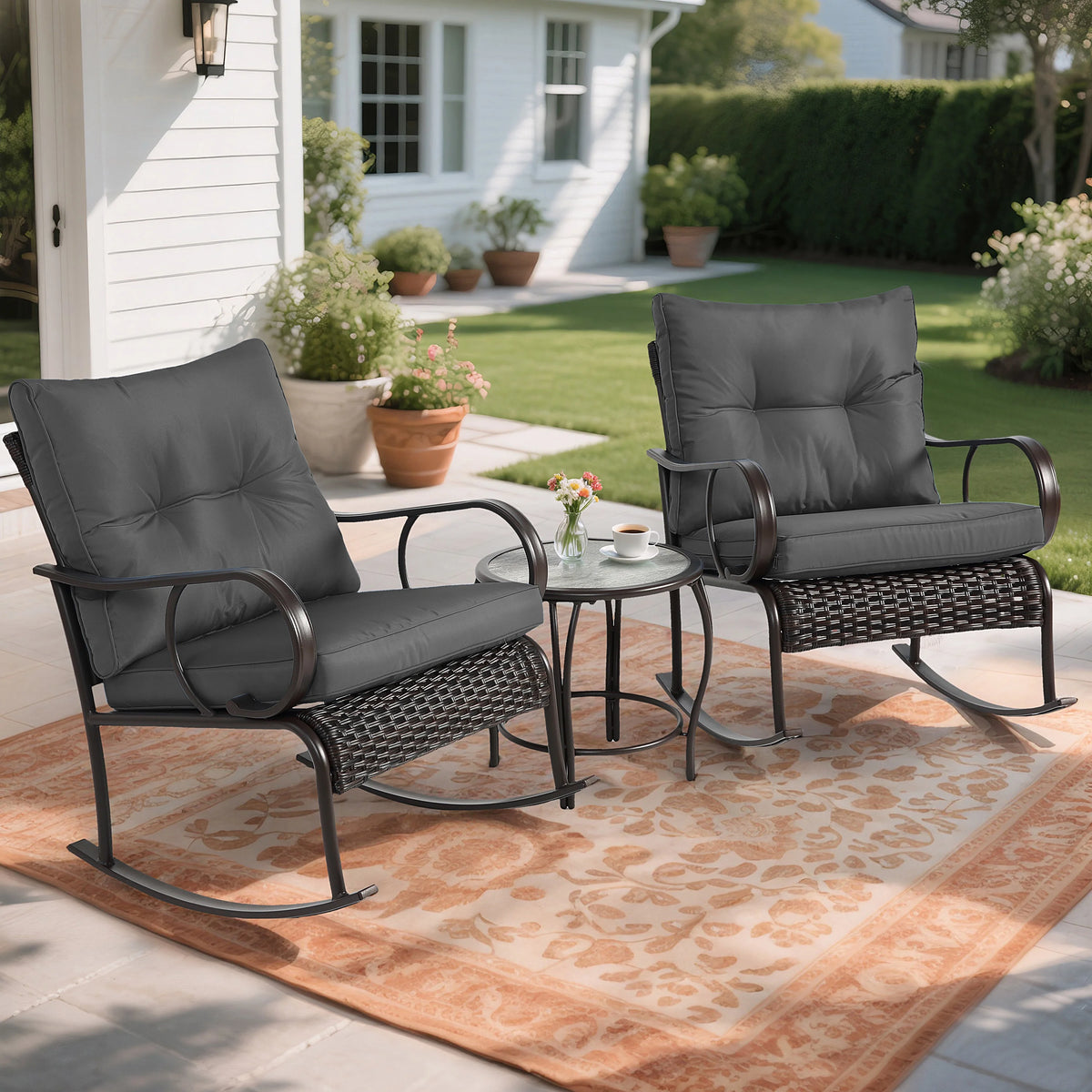 Outdoor Conversation Set of 3, Outdoor Patio Rocking Chair Set with Cushions & Coffee Table, All Weather Wicker Patio Furniture Set, Ideal for Patio, Poolside, Yard, Deck, Coffee Bar