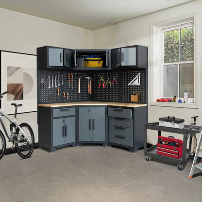 HPDMC Garage Storage Cabinet System 7-Pcs Workshop Set Metal Garage Cabinets System with Steel Cabinet Drawers, Workbench, Pegboard for Garage Tool Organization