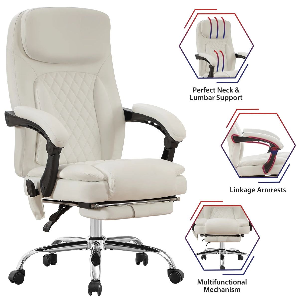 JONPONY Big and Tall Office Chair 500LBS Executive Office Chair Massage and Footrest Ergonomic Computer Desk Chair Reclining High Back Leather Office Chair Lumbar Back Support Swivel Rolling,Black