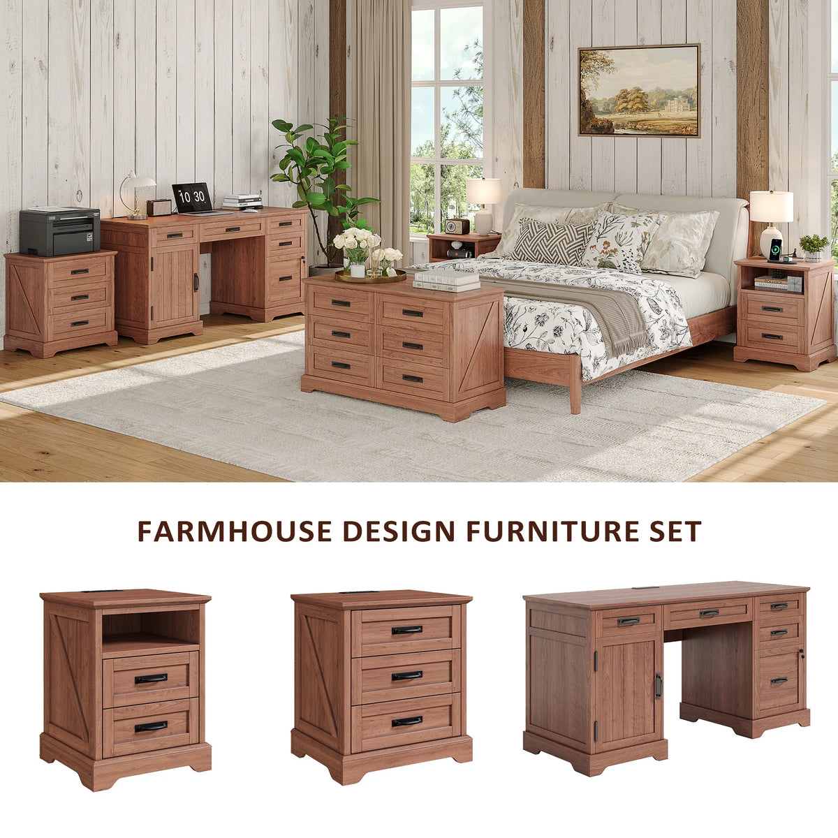 Farmhouse Nightstand Set of 2, 22 inch Side Table with Charging Station for Bedroom, 2PCS, White