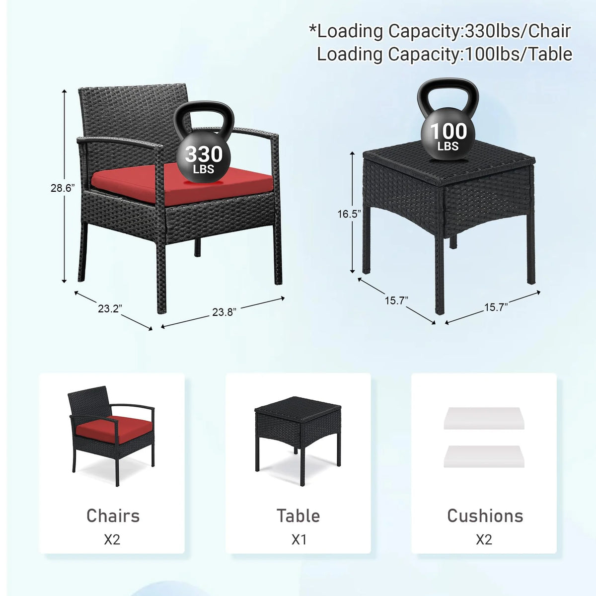 Tappio Outdoor Furniture 3 Piece Patio Bistro Furniture Set, Rattan Conversation Chairs Set with Side Table and Cushions, Patio Furniture Sets for Balcony Garden Porch, Red