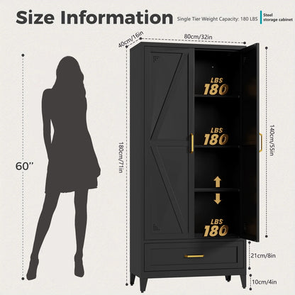 71" H Modern Freestanding Storage Cabinet With Gold Handles One Drawer And Adjustable Ceiling Height Multi-Functional Suitable For Kitchen Office Living Room And Bedroom Pantry Blue