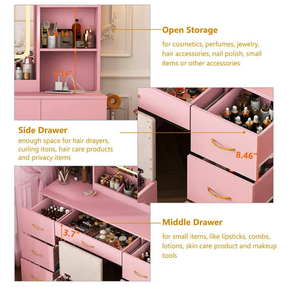 47" Large Vanity Desk with Lighted Mirror & Charging Station, Black Makeup Vanity with 7 Drawers & 6 Shelves, Vanity Set with Cushioned Stool