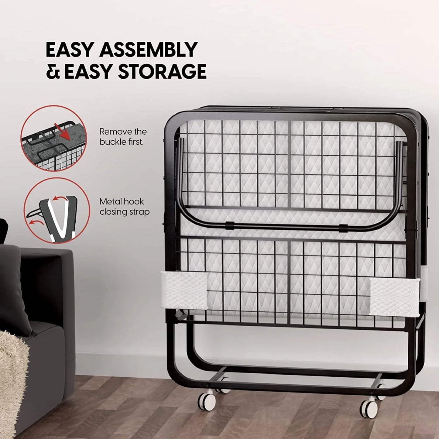 EconoHome Folding Bed with Mattress - 75x31 Cot Size Bed Frame - Portable Foldable Roll Away Adult Bed for Guest - 5-inch Thick Memory Foam Cot Mattress - Space Saving Fold Up Bed for Easy Storage