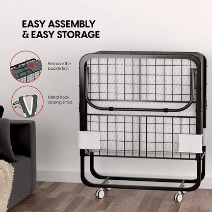 EconoHome Folding Bed with Mattress - 75x31 Cot Size Bed Frame - Portable Foldable Roll Away Adult Bed for Guest - 5-inch Thick Memory Foam Cot Mattress - Space Saving Fold Up Bed for Easy Storage