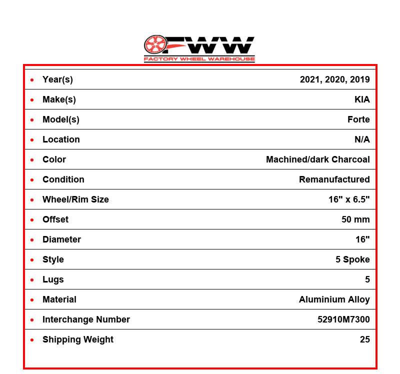Kia Forte Wheel 2019 16" Factory OEM 52910M7300