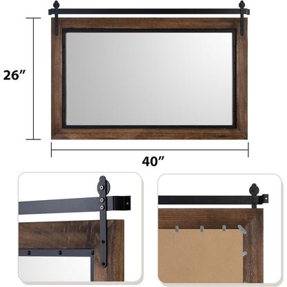 COSMOGO Farmhouse Barn Door Style Natural Wood Bathroom Vanity Wall Mirror 24"x32"