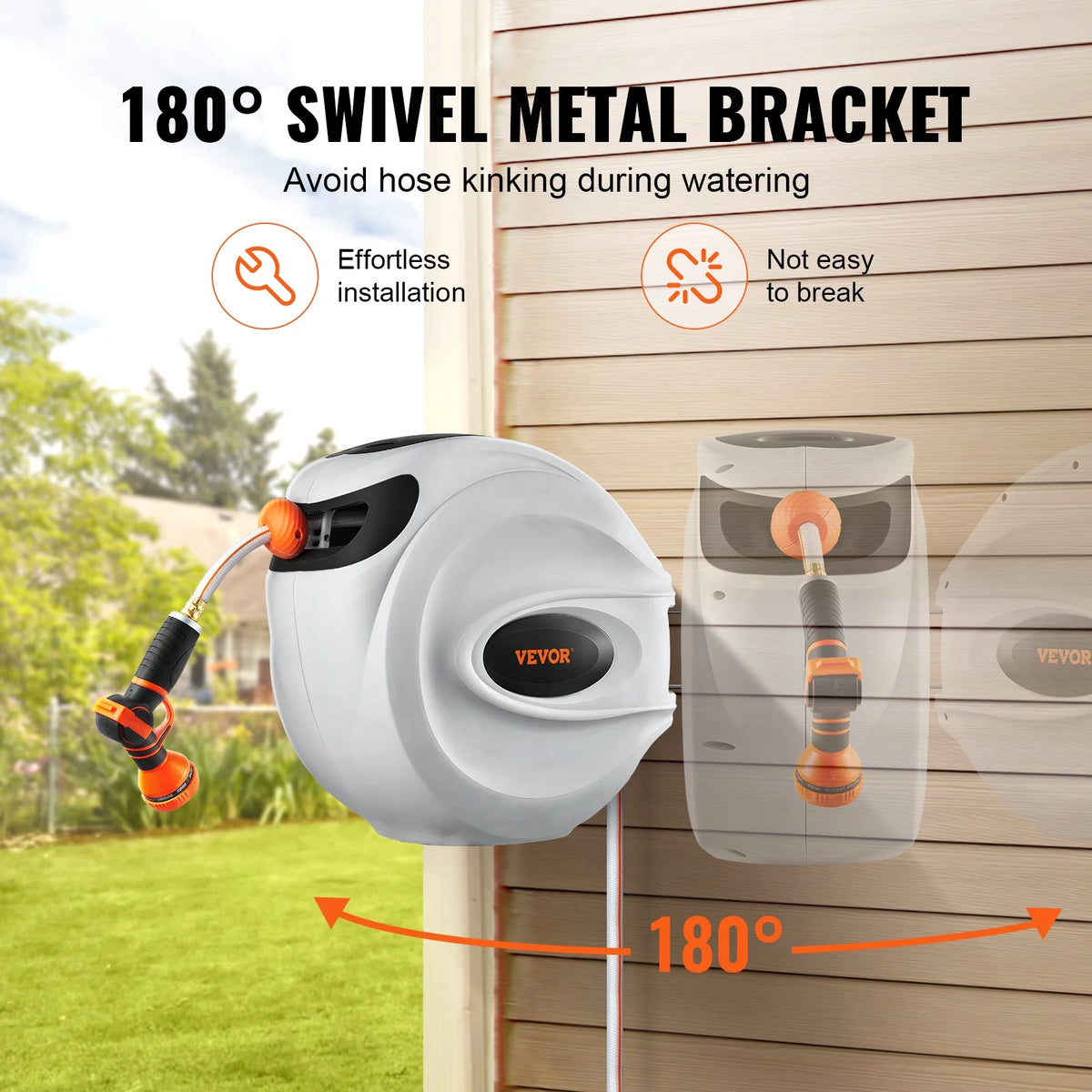 VEVOR Retractable Hose Reel, 100 ft x 1/2 inch, 180�� Swivel Bracket Wall-Mounted, Garden Water Hose Reel with 9-Pattern Nozzle, Automatic Rewind, Lock at Any Length, and Slow Return System