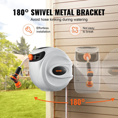 VEVOR Retractable Hose Reel, 100 ft x 1/2 inch, 180�� Swivel Bracket Wall-Mounted, Garden Water Hose Reel with 9-Pattern Nozzle, Automatic Rewind, Lock at Any Length, and Slow Return System