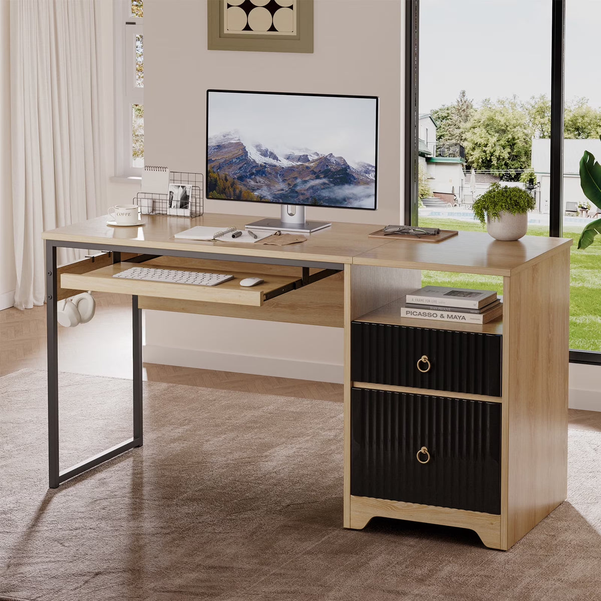 Bestier 55 Inch Office Desk with Drawers, Keyboard Tray, 2 Hooks, Modern Fluted Computer Desk for Home, Grey