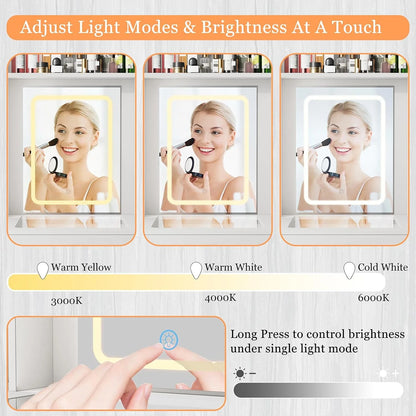 Montary Modern Mini Vanity w/Adjustable LED Mirror + Hidden Storage, Padded Stool & Dustproof Shelves (White)