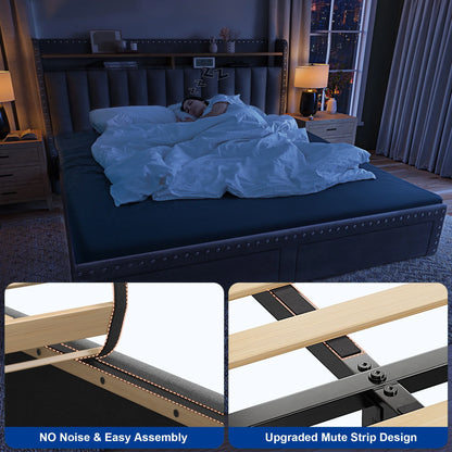 EnHomee Upholstered King Size Bed Frame with Headboard and Storage King Bed Frame with 2 Drawers,Grey