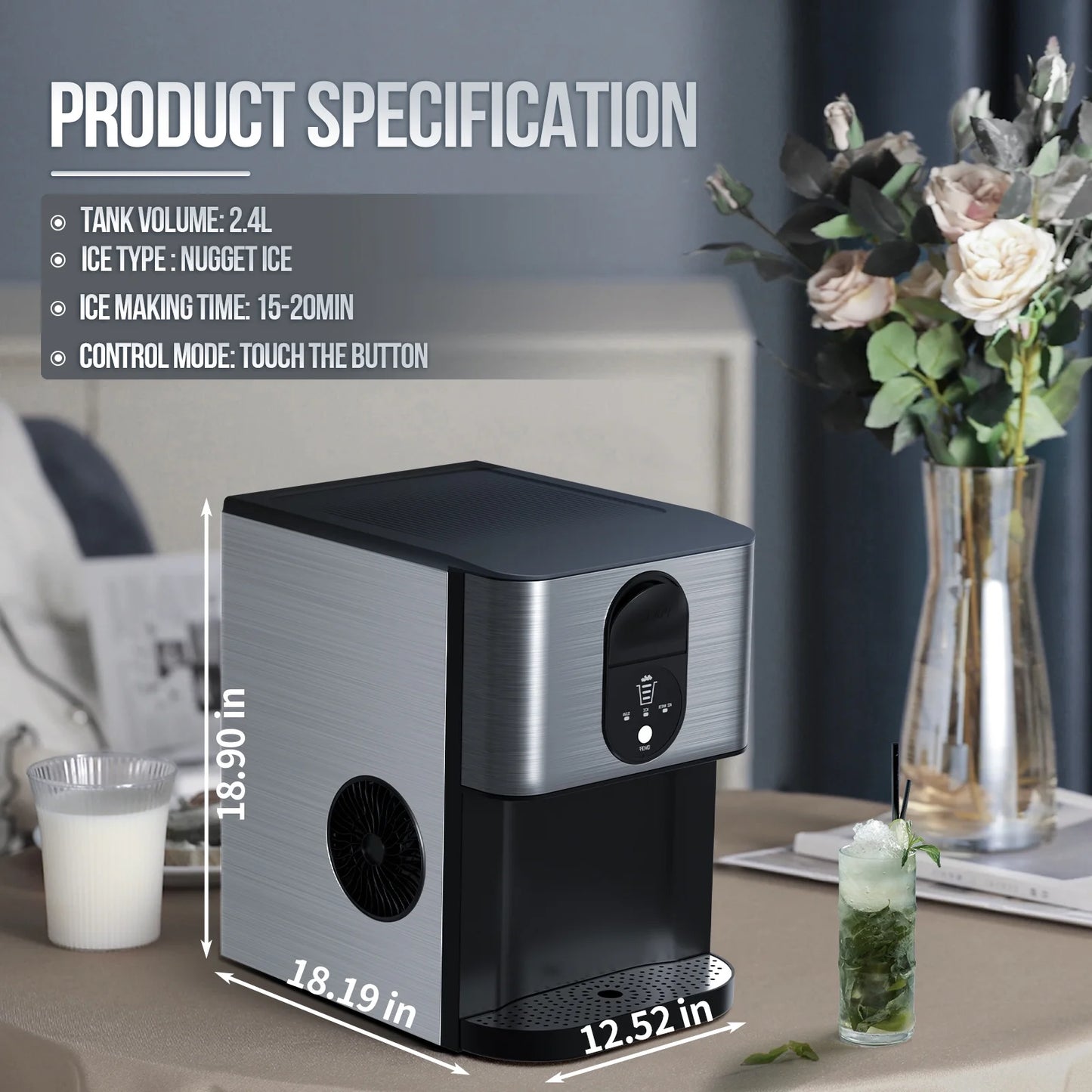 Moifoi Nugget Ice Maker,Culb in 6Mins, 44 lbs/24 H, Auto-Cleaning Portable Ice Machine with Basket & Scoop, Black