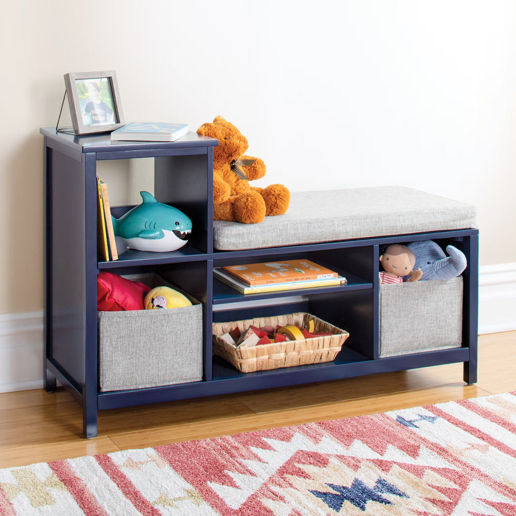 Martha Stewart Kids' Jr. Reading Nook with Bins - Linen White: Kids Wood Bookshelf and Storage Bench with Open Shelves and Canvas Storage Bins for Toys, Games, and Books