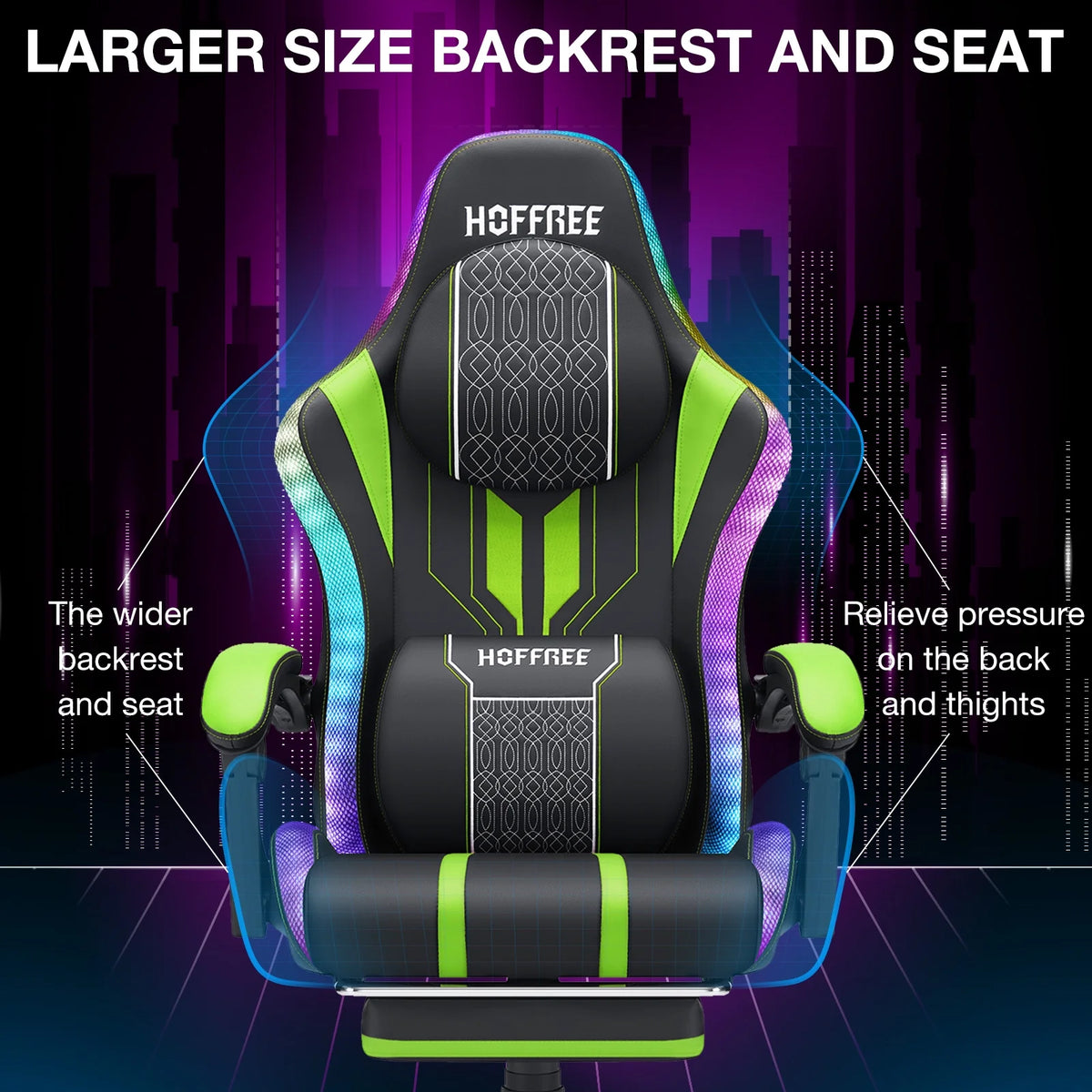 HOFFREE Big and Tall Gaming Chair with Speakers and RGB Lights, Gamer Chair with Footrest, Lumbar Support Height Adjustable 360-Swivel Seat and Headrest for Adults, 400lbs
