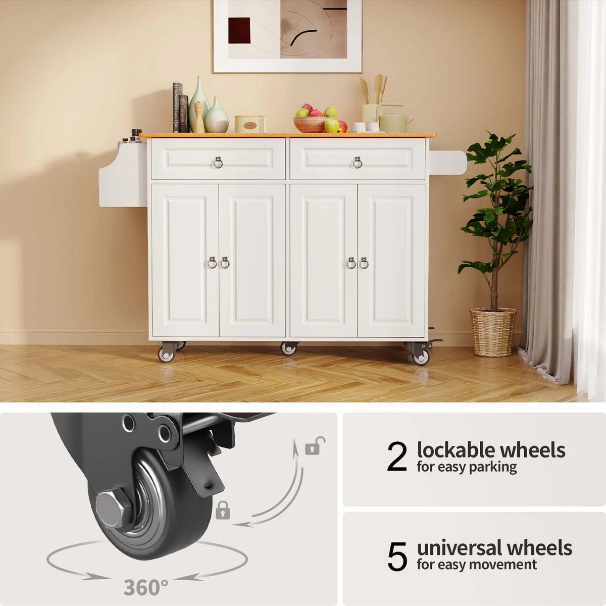 Lofka 52-Inch Kitchen Island with Storage on Wheels with Wood Drop Leaf, Ideal for Small Kitchens